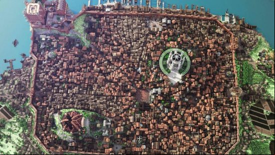 Minecraft cities - King's Landning, complete with the towering castle in the middle and coastal shores beyond the city walls.