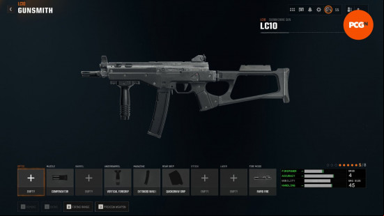 best LC10 loadout: a compact submachine gun with a large, hollow stock.