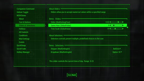 Best Fallout 4 mods: The mod configuration menu of Fallout 4, featuring companion commands, helmet toggle, sliders, and more.