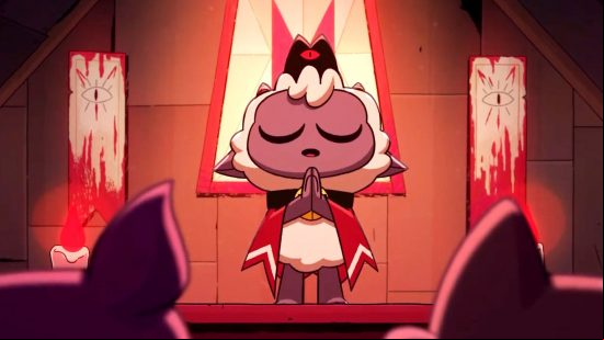 Best Roguelike games: The lamb from Cult of the Lamb conducting a sermon to their innocent flock.