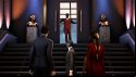 Vampire The Masquerade Swansong review: an official screenshot from Big Bad Wolf shows a red-suited and masked representative of the Camarilla, Boston's ruling vampiric sect, addressing the game's three protagonists from a set of double doors at the top of a short staircase