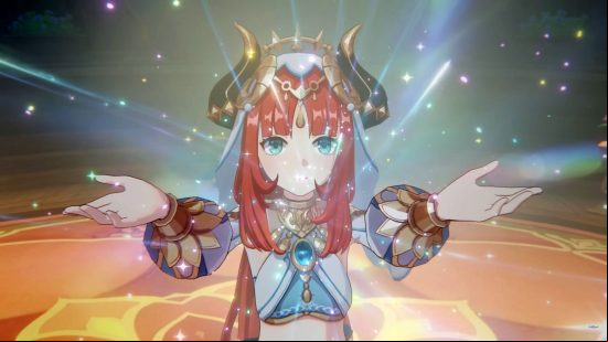 Genshin Impact Nilou build: Nilou with her arms outstretched, bursting with elemental Hydro energy, coming to the end of her lotus dance performance.