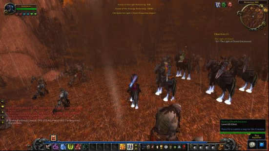 WoW WotLK Death Knight guide: talents, abilities, and leveling: Three death knights on undead horses stand in a barren wasteland with ogres and monsters around them