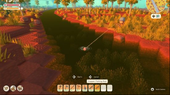 Dinkum fishing guide: How to fish in Dinkum - a character fishing in a river