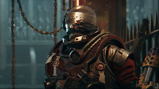 Darktide cosmetics - the vendor at the central hub area has a full helmet with a small visor on the front.