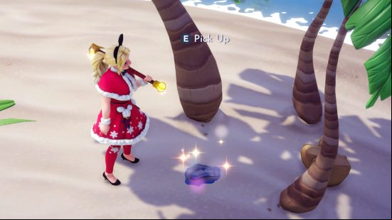 Get Stitch in Dreamlight Valley: a slimy blue sock on the ground in Dazzle Beach