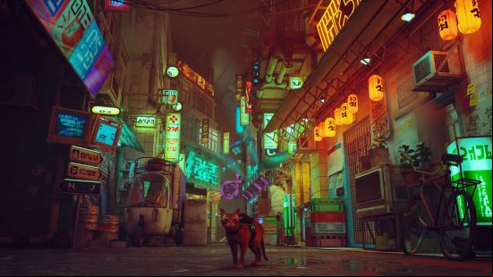 Stray's cat stands in front of several neon lights, mostly orange and green