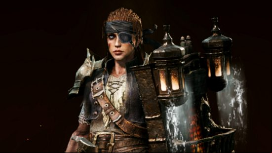 Diablo Immortal update 1.7.5 patch notes - a crusader in the Sea Reaver outfit, with pirate-style eyepatch, headband, and dripping wet shield