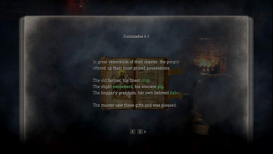 Resident Evil 4 Remake combination lock puzzle: A book showing the words "The old farmer, his finest crop, the slight swineherd, his stouest pig, the beggarly grandam, her own beloved babe."