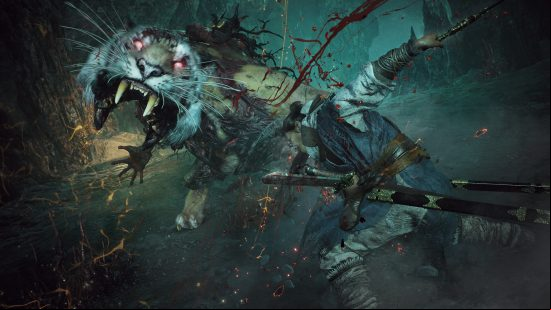 A samurai slashing a huge tiger creature which has hands and a bipedal body as blood sprays everywhere