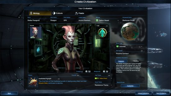 Galactic Civilizations 4 Supernova - civ creation screen showing a faction called the "Stellar Paragons" and their various traits and details