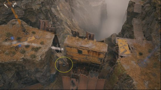 A large drop down to a suspended platform shows BD-1 cosmetics waiting