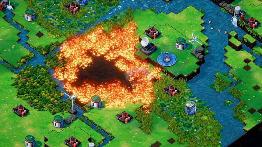 Terra Nil - fire spreads across grassy fields, threatening to engulf several small settlements