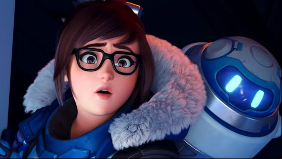 Overwatch 2 PvE canceled - hero Mei gives a shocked expression as she looks out through a door