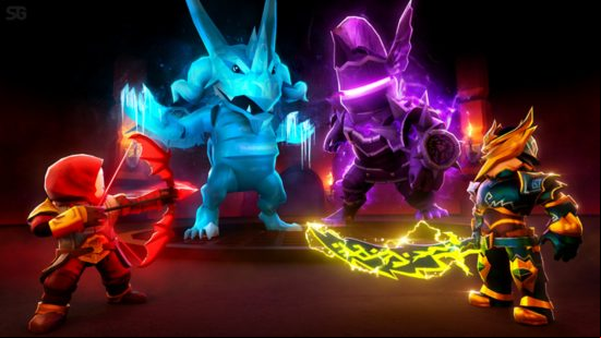 A group of glowing, colourful monsters stand in a line.