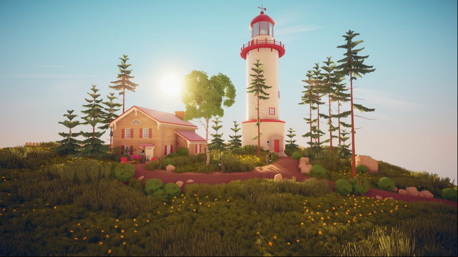 A lighthouse at the top of a hill with bright sunlight shining down on it