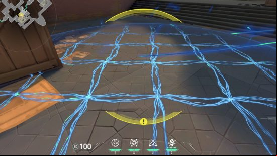 A gridlike net structure made of blue sparking electricity on a floor