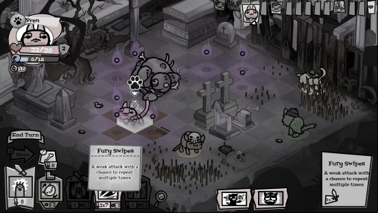 Mewgenics gameplay - cats doing tactics on a grid-based board.