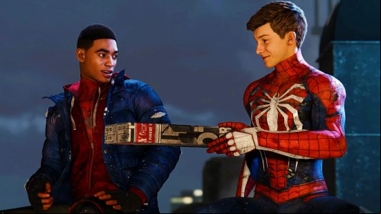 Marvel's Spider-Man Miles Morales sale - Peter Parker hands a wrapped box to Miles Morales, as the pair sit in their suits.