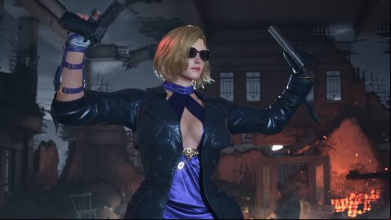 Tekken 8 tier list: Nina is wearing a purple evening dress, sunglasses, and a leather jacket. She is holding two pistols as the building behind her burns.