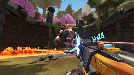 Roboquest release date - gameplay screenshot of a boss fight. The player shoots at a large robot in the middle of an arena, as the enemy deploys cones of dangerous fire on the floor.
