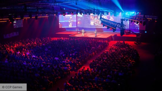 The Eve Online arena is bathed in red and blue light as a crowd fills the room