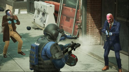 Payday 3 mask: two masked criminals have a gunfight with a police officer.