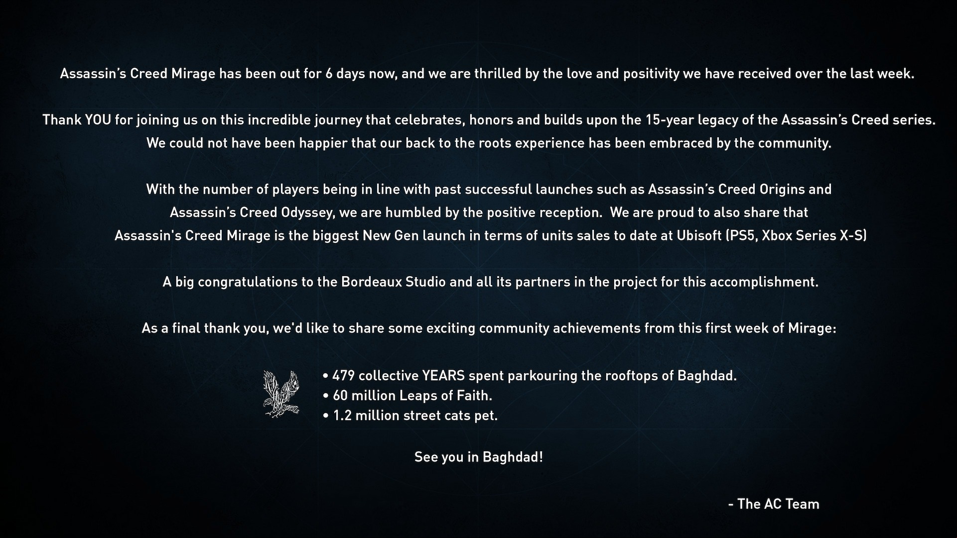 Statement from Ubisoft describing Assassin's Creed Mirage sales and its launch success