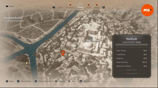 The orange pin on the map indicates where the first one of the six AC Mirage Lost Books is located in Baghdad.