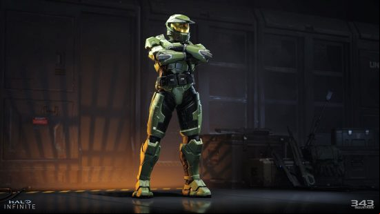Halo Infinite Season 5 Mark V: the Mark V green Spartan armor in a dimly lit hangar of some sort