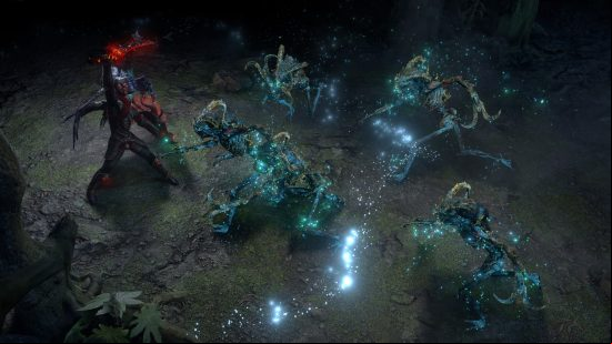 Path of Exile 3.23 Affliction league - The player fights monsters in the Viridian Wildwood, a forest infested with inky black corruption.