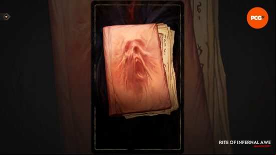 Pieces of paper with a ghostly face on, depicting the Rite of Infernal Awe, one of the best Solium Infernum Manuscripts.