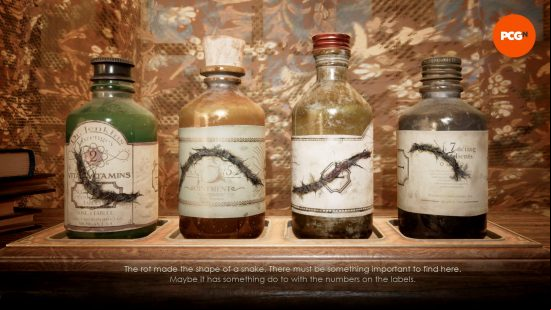 Four bottles in a row, a line of rot spreading across them all, part of one of the Alone in the Dark combination lock puzzles.