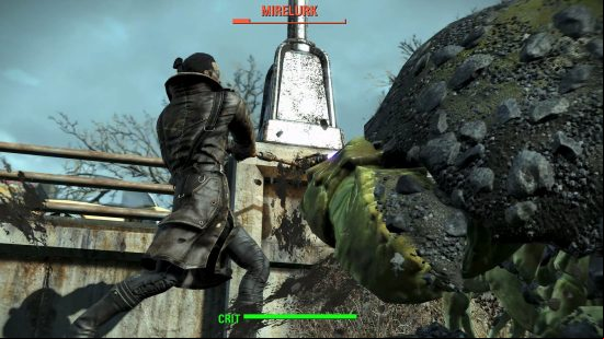 Best RPG games: Fallout 4. Image shows a person preparing for a battle near a giant pile of nuclear sludge.