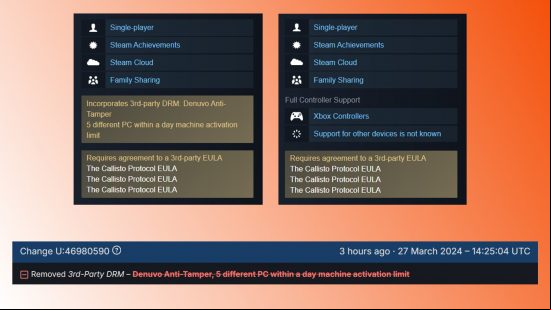 The Callisto Protocol has Denuvo removed from its Steam version: Screenshots showing the removal of Denuvo Anti-Tamper from The Callisto Protocol on Steam.