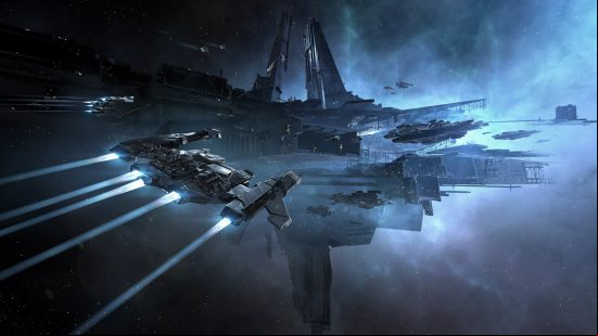 An Upwell structure hanging in blue space with a spaceship approaching it.