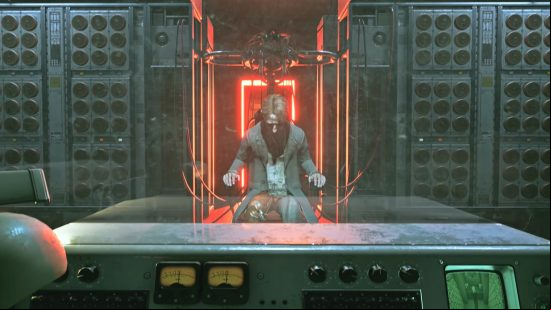 Karma: The Dark World preview: Shawn as he appears outside of the confines of his own mind, strapped into an interrogation chair as the headset looms overhead.