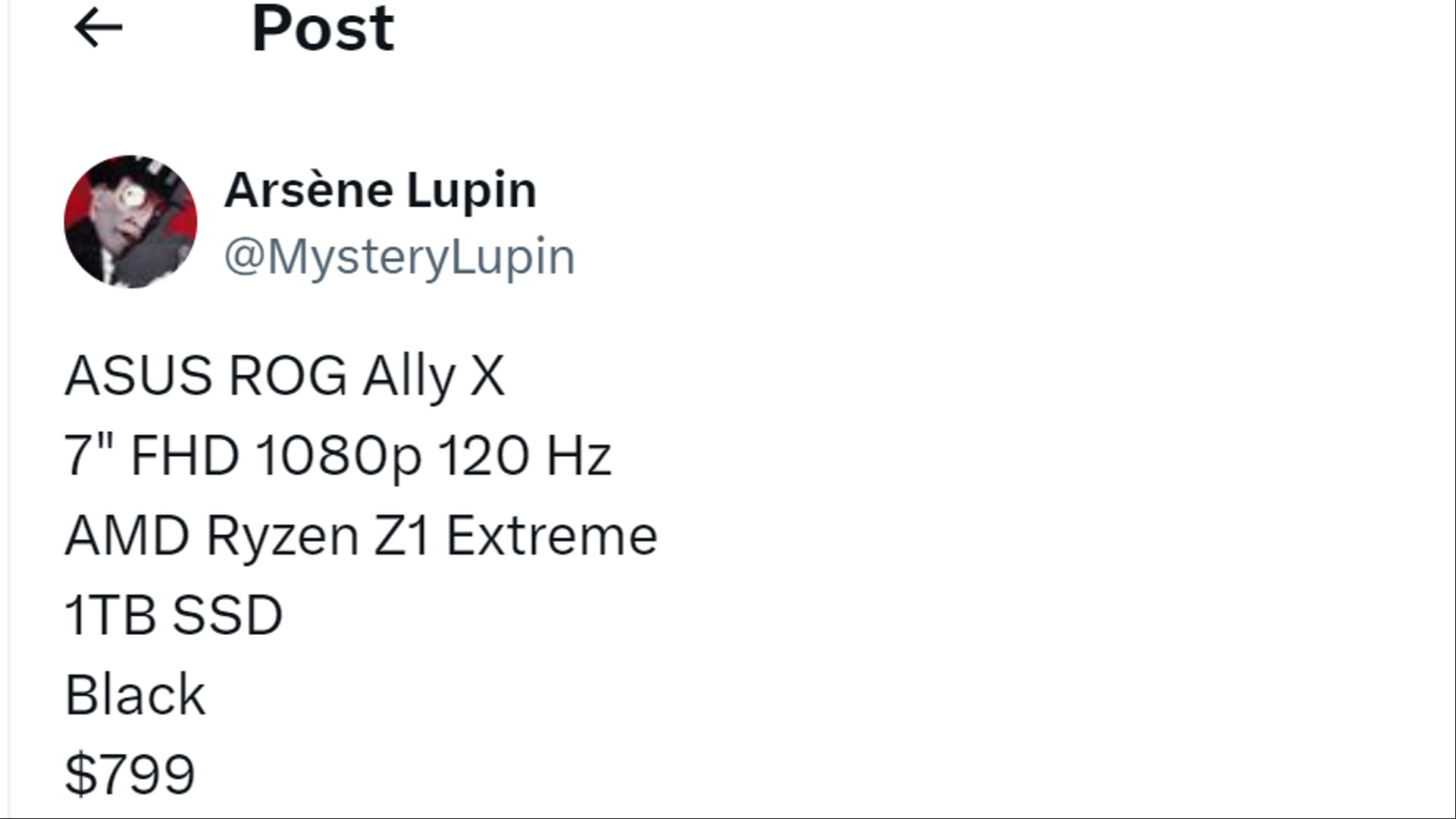 asus rog ally X details leak on X (Twitter)