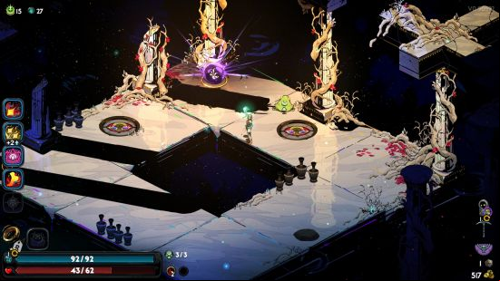 Hades 2 Darkness: a small humanoid woman stands in an alternate realm, on a platofmr surrounded by darkness.