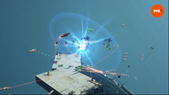 Homeworld 3 review: a ship explodes in the middle of a space battle.
