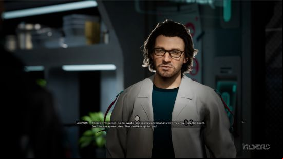 The Alters preview: a scientist, with white labcoat, giving advice on how to deal with crew.