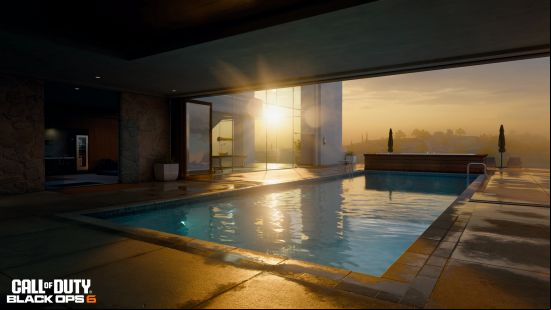 Black Ops 6 maps: an indoor pool bathed in evening sunlight.