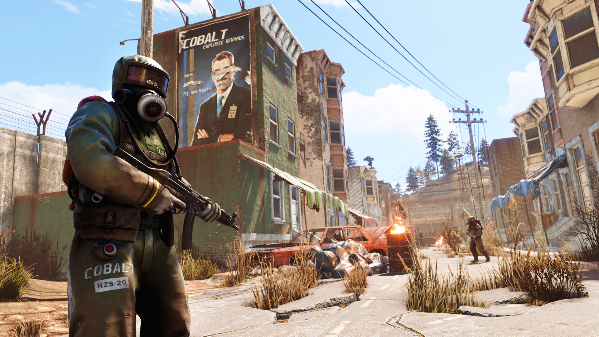 Rust console commands: a masked person holding a gun on a deserted street