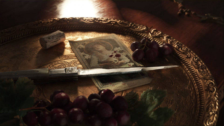 Mafia The Old Country: A bloody knife lies on a biblical painting on a fruit bowl with grapes and wine corks