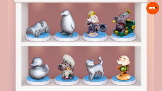 Two shelves filled with some of the Monopoly Go Tokens, including Penguin, Scottie, and Mr Monopoly himself.