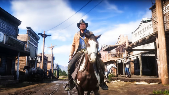 Red Dead Redemption 2 screenshot showing a person on a horse in a town.