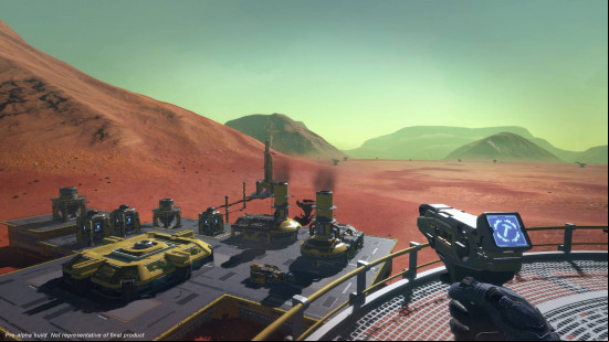 SpaceCraft revealed: A screenshot of gameplay showing a player standing on a platform overlooking a small facility on a sandy planet.