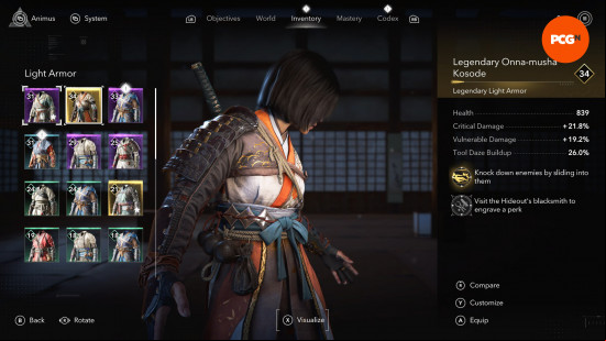 Assassin's Creed Shadows armor best: Naoe wearing a teal and orange outfit