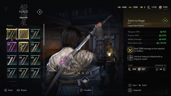 assassins-creed-shadows-gear-upgrade- Assassin's Creed Shadows gear upgrade: Naoe unsheathing her katana while it's being upgraded
