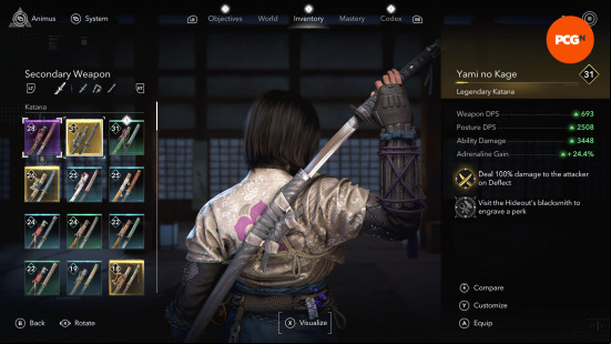 Assassin's Creed Shadows best weapons: Naoe unleashing a katana from a grey scabbard
